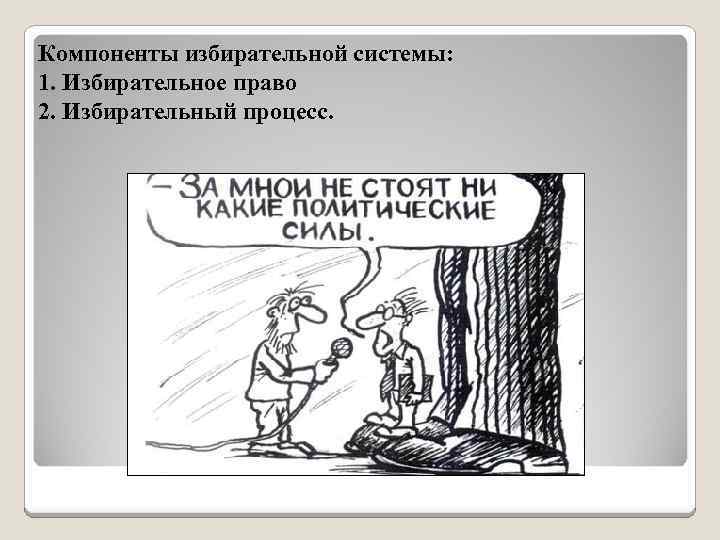 Компоненты избирательной системы: 1. Избирательное право 2. Избирательный процесс. 