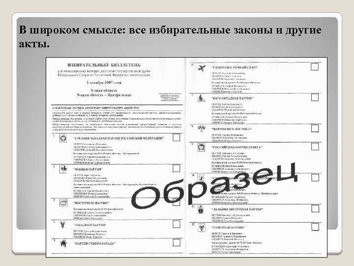 В широком смысле: все избирательные законы и другие акты. 