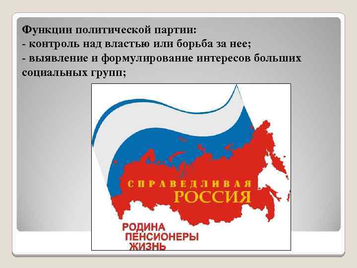 Функции политической партии: - контроль над властью или борьба за нее; - выявление и
