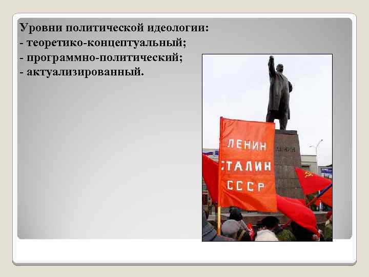 Уровни политической идеологии: - теоретико-концептуальный; - программно-политический; - актуализированный. 