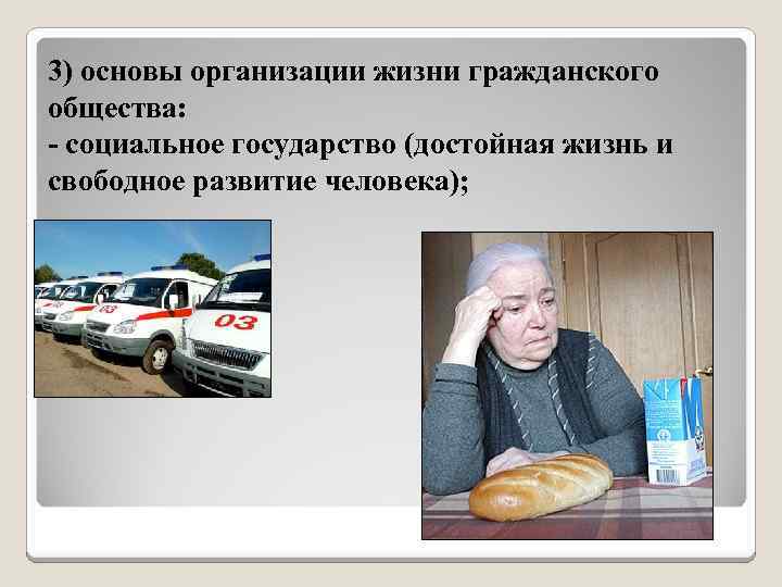 3) основы организации жизни гражданского общества: - социальное государство (достойная жизнь и свободное развитие