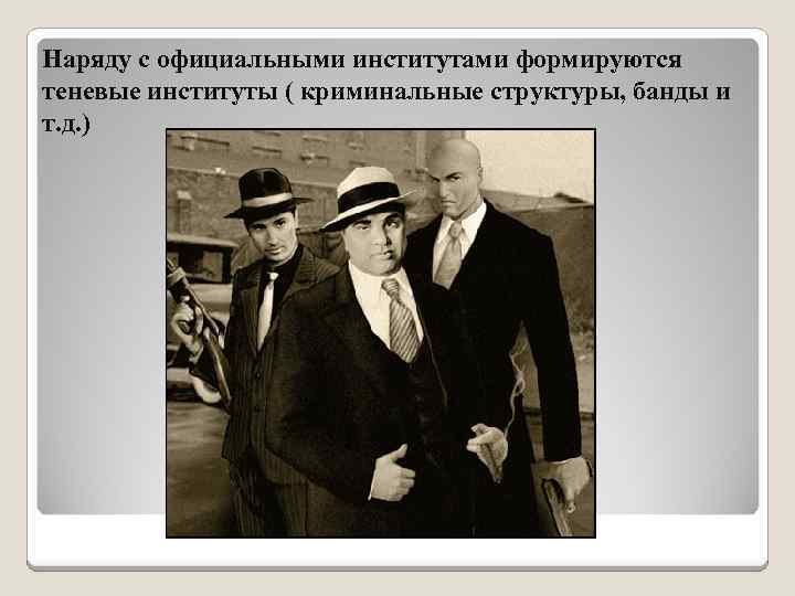 Наряду с официальными институтами формируются теневые институты ( криминальные структуры, банды и т. д.