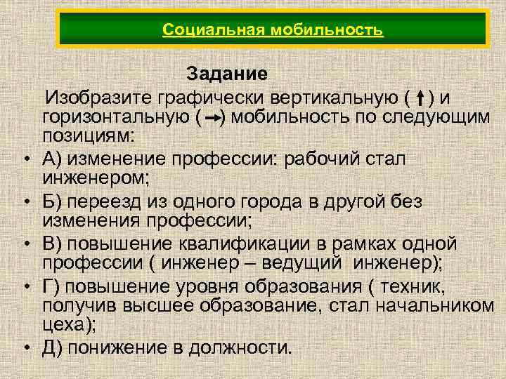 Социальная мобильность Задание Изобразите графически вертикальную ( ) и горизонтальную ( ) мобильность по