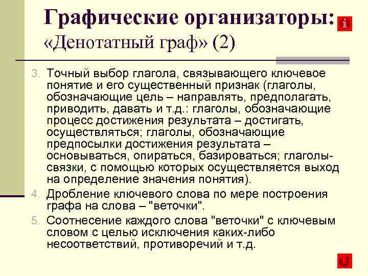  Графические организаторы: «Денотатный граф» (2) 3. Точный выбор глагола, связывающего ключевое понятие и