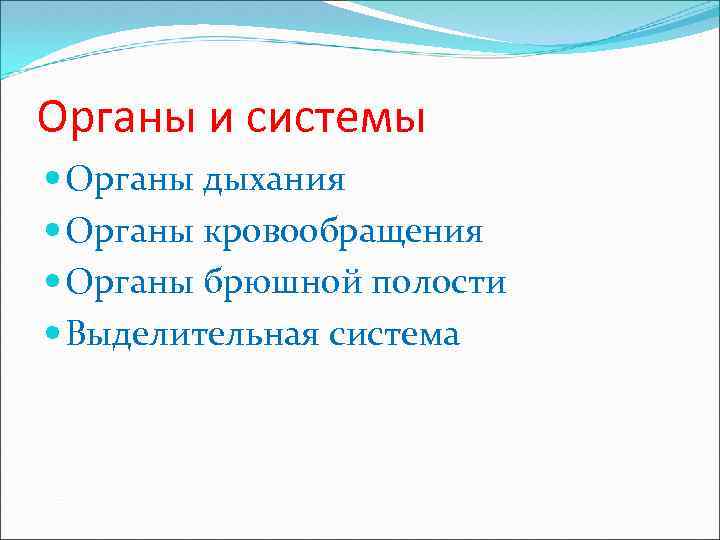 Органы и системы Органы дыхания Органы кровообращения Органы брюшной полости Выделительная система 