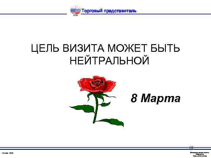 Торговый представитель ЦЕЛЬ ВИЗИТА МОЖЕТ БЫТЬ НЕЙТРАЛЬНОЙ 8 Марта 18 Оптима 2002 Материалы предоставлены