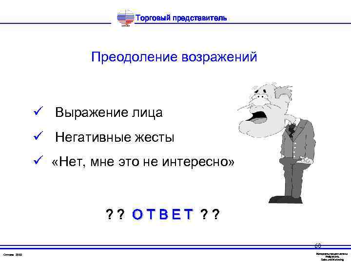 Торговый представитель Преодоление возражений ü Выражение лица ü Негативные жесты ü «Нет, мне это