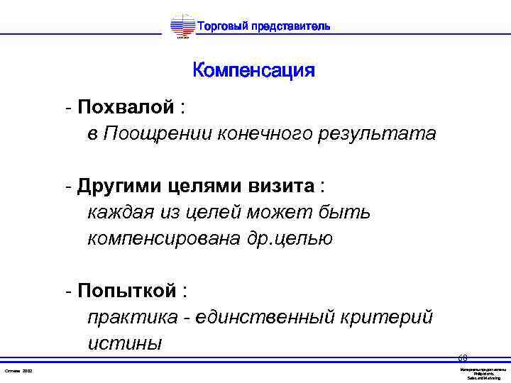 Торговый представитель Компенсация - Похвалой : в Поощрении конечного результата - Другими целями визита