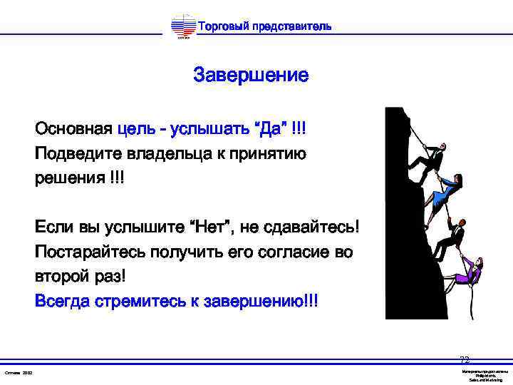 Торговый представитель Завершение Основная цель - услышать “Да” !!! Подведите владельца к принятию решения