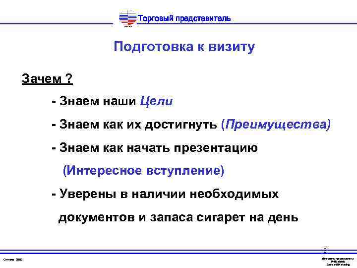 Торговый представитель Подготовка к визиту Зачем ? - Знаем наши Цели - Знаем как