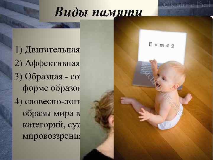 Виды памяти 1) Двигательная - умение писать, одеваться; 2) Аффективная (эмоциональная); 3) Образная -