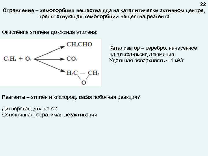 22 Отравление – хемосорбция вещества-яда на каталитически активном центре, препятствующая хемосорбции вещества-реагента Окисление этилена