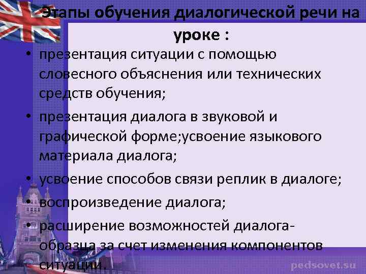 Этапы обучения диалогической речи на уроке : • презентация ситуации с помощью словесного объяснения