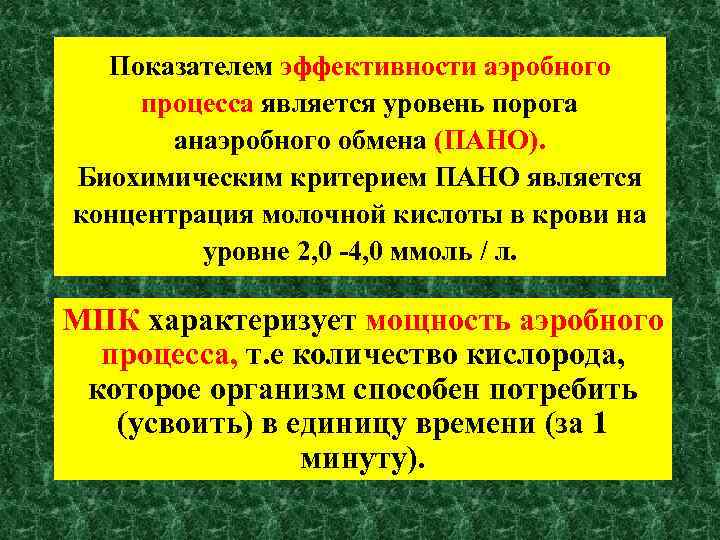 Показателем эффективности аэробного процесса является уровень порога анаэробного обмена (ПАНО). Биохимическим критерием ПАНО является