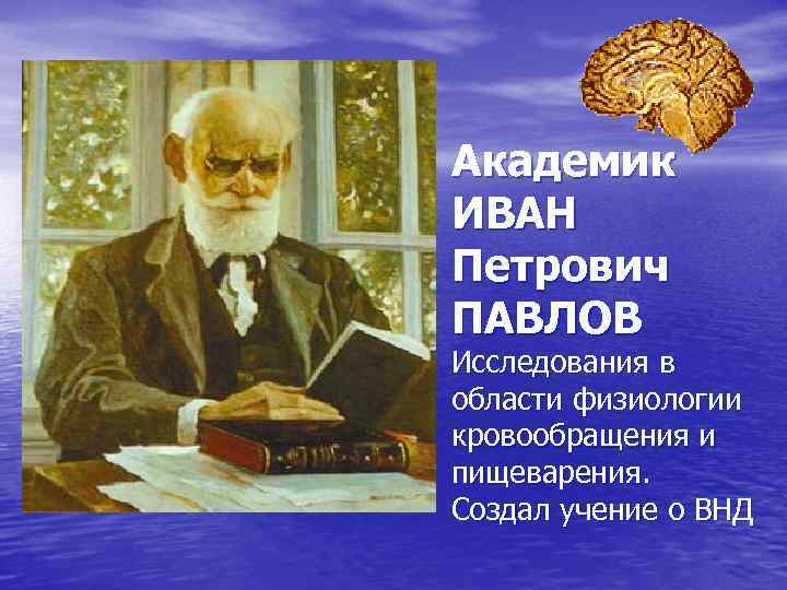 Академик ИВАН Петрович ПАВЛОВ Исследования в области физиологии кровообращения и пищеварения. Создал учение о