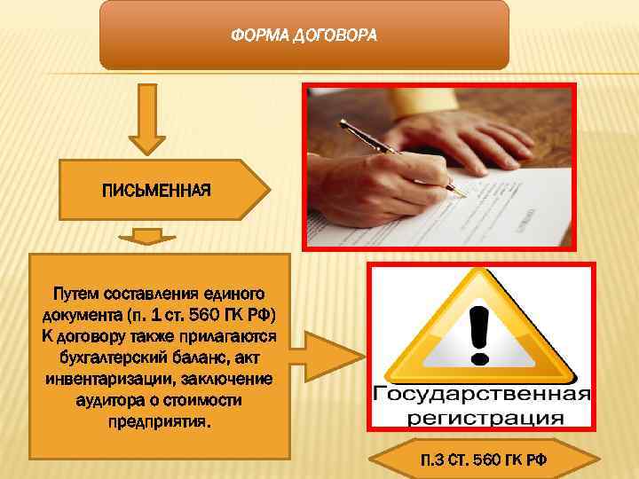 ФОРМА ДОГОВОРА ПИСЬМЕННАЯ Путем составления единого документа (п. 1 ст. 560 ГК РФ) К