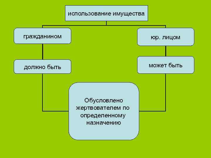 использование имущества гражданином юр. лицом должно быть может быть Обусловлено жертвователем по определенному назначению