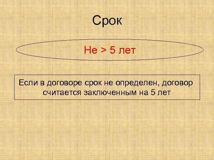 Срок Не > 5 лет Если в договоре срок не определен, договор считается заключенным