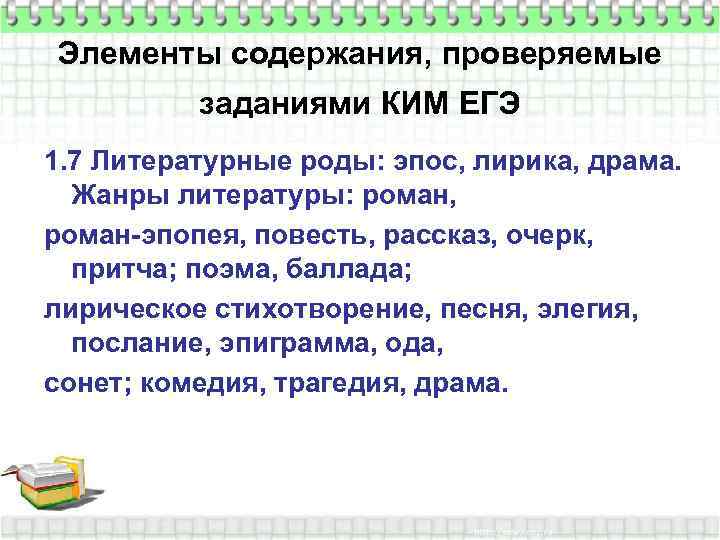 Элементы содержания, проверяемые заданиями КИМ ЕГЭ 1. 7 Литературные роды: эпос, лирика, драма. Жанры