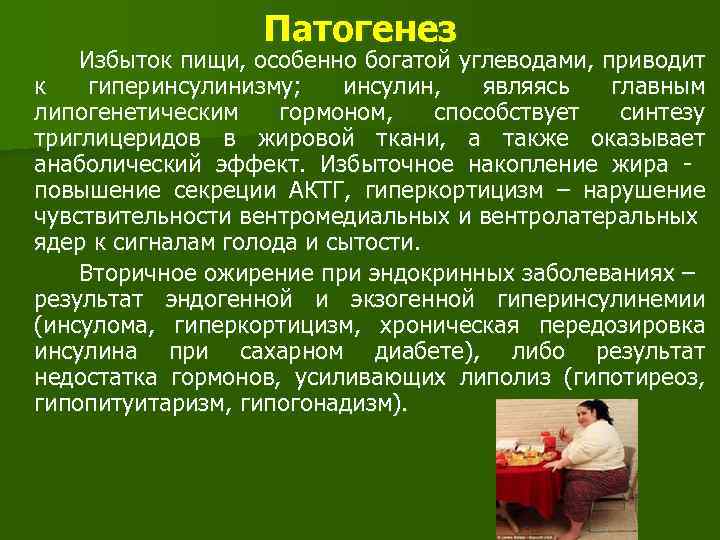 Патогенез Избыток пищи, особенно богатой углеводами, приводит к гиперинсулинизму; инсулин, являясь главным липогенетическим гормоном,