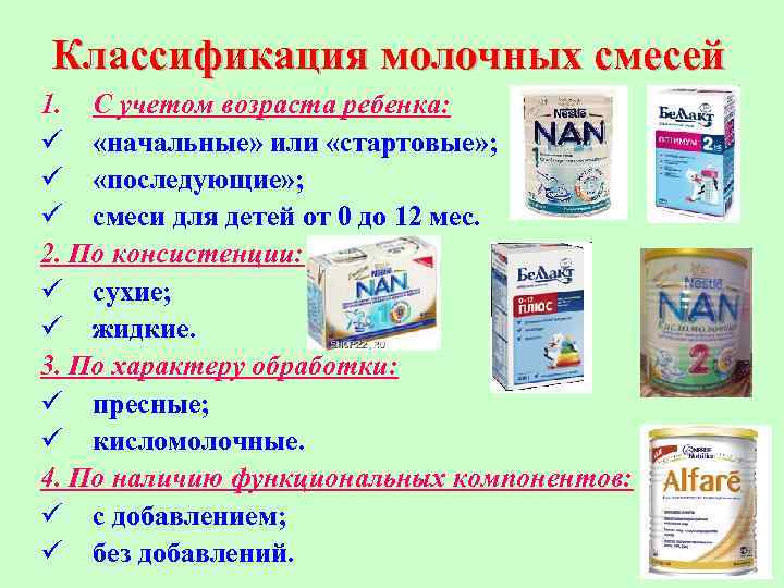 Классификация молочных смесей 1. С учетом возраста ребенка: ü «начальные» или «стартовые» ; ü