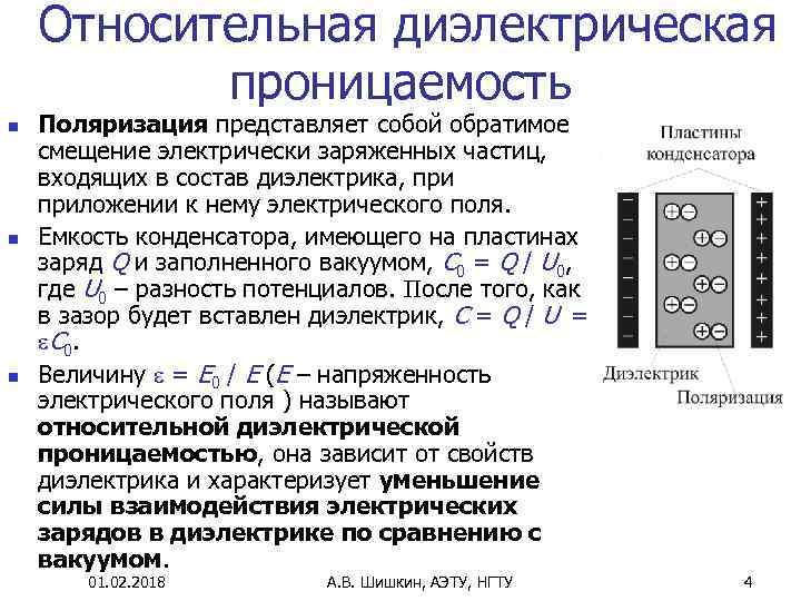  Относительная диэлектрическая проницаемость n n n Поляризация представляет собой обратимое смещение электрически заряженных