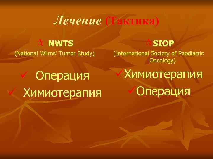 Лечение (Тактика) ¶ NWTS ¶SIOP (National Wilms’ Tumor Study) (International Society of Paediatric Oncology)