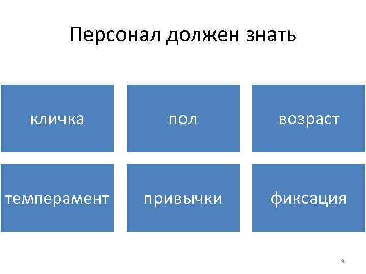Персонал должен знать кличка пол возраст темперамент привычки фиксация 9 