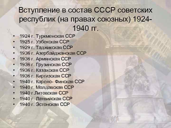 Вступление в состав СССР советских республик (на правах союзных) 19241940 гг. • • •