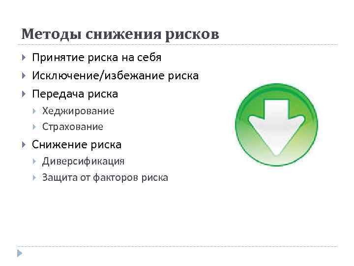 Методы снижения рисков Принятие риска на себя Исключение/избежание риска Передача риска Хеджирование Страхование Снижение