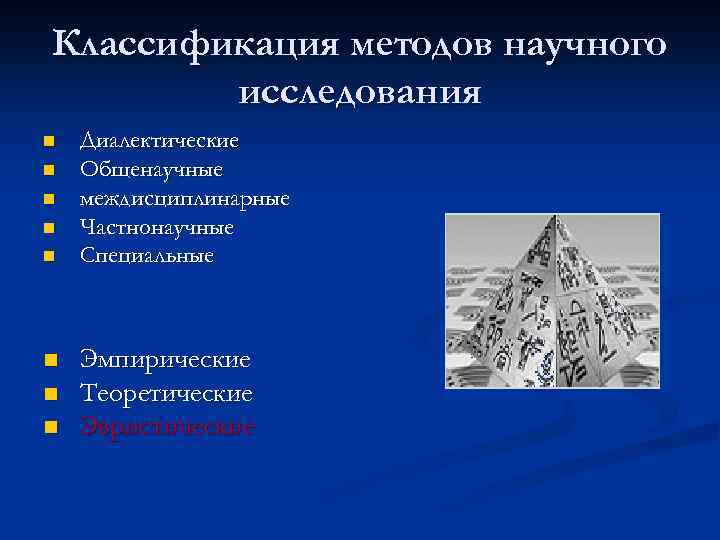 Классификация методов научного исследования n n n n Диалектические Общенаучные междисциплинарные Частнонаучные Специальные Эмпирические