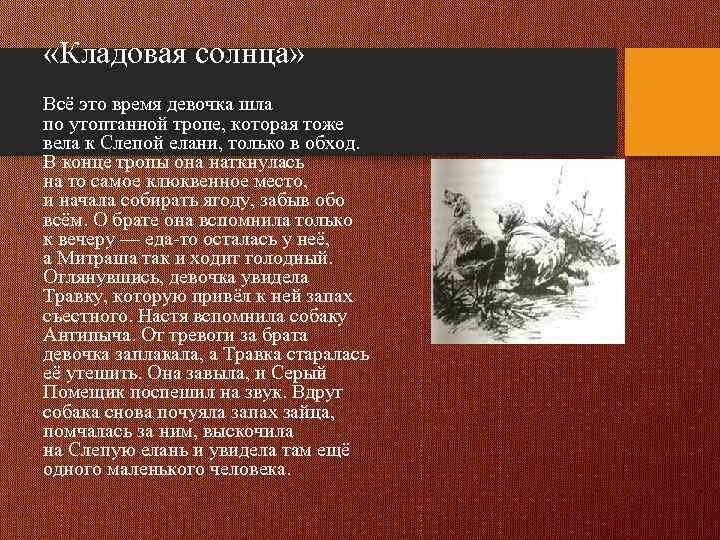  «Кладовая солнца» Всё это время девочка шла по утоптанной тропе, которая тоже вела
