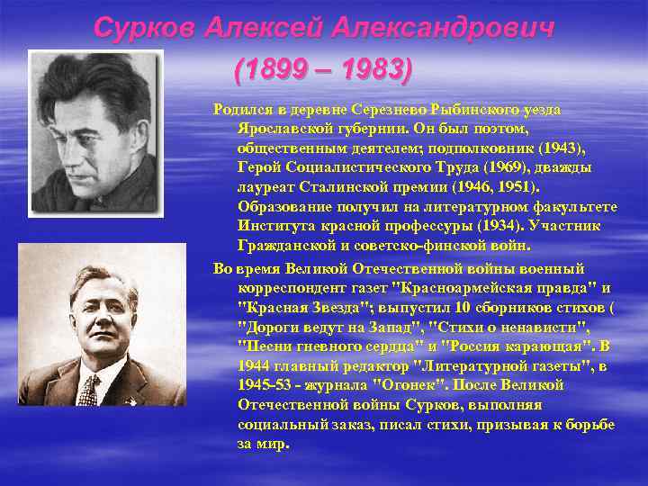 Сурков Алексей Александрович (1899 – 1983) Родился в деревне Серезнево Рыбинского уезда Ярославской губернии.