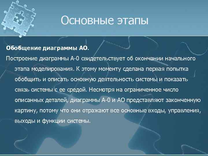Основные этапы Обобщение диаграммы АО. Построение диаграммы А-0 свидетельствует об окончании начального этапа моделирования.