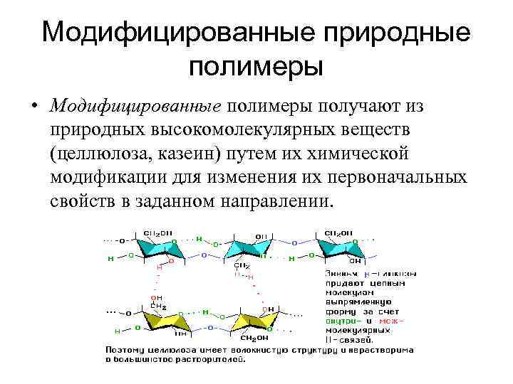 Модифицированные природные полимеры • Модифицированные полимеры получают из природных высокомолекулярных веществ (целлюлоза, казеин) путем