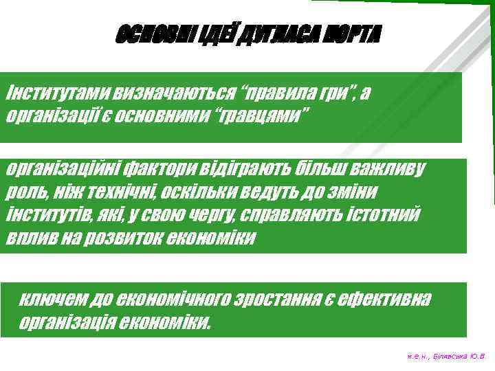 ОСНОВНІ ІДЕЇ ДУГЛАСА НОРТА Інститутами визначаються “правила гри”, а організації є основними “гравцями” організаційні