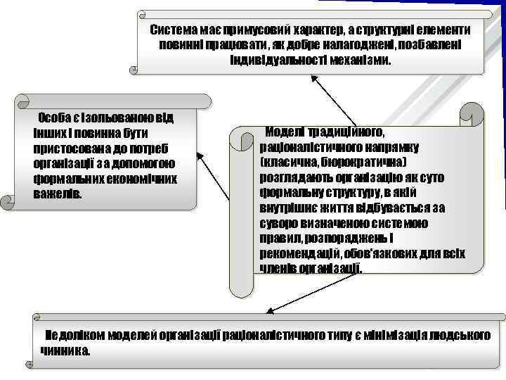 Система має примусовий характер, а структурні елементи повинні працювати, як добре налагоджені, позбавлені індивідуальності