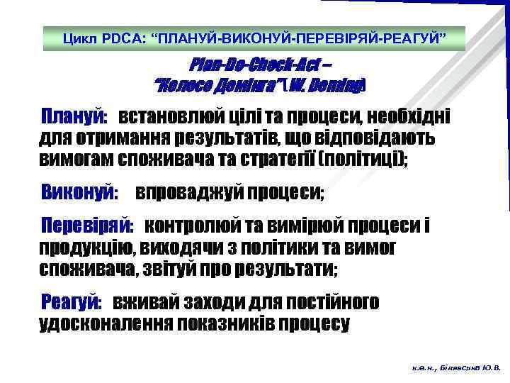 Цикл PDCA: “ПЛАНУЙ-ВИКОНУЙ-ПЕРЕВІРЯЙ-РЕАГУЙ” Plan-Do-Check-Act – “Колесо Демінга” (W. Deming) Плануй: встановлюй цілі та процеси,