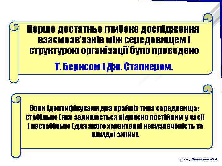 Перше достатньо глибоке дослідження взаємозв’язків між середовищем і структурою організації було проведено Т. Бернсом