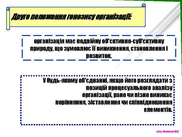Друге положення генезису організації: організація має подвійну об'єктивно суб'єктивну природу, що зумовлює її виникнення,
