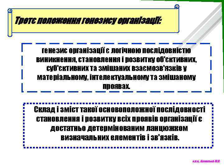 Третє положення генезису організації: генезис організації є логічною послідовністю виникнення, становлення і розвитку об'єктивних,