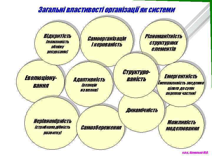Загальні властивості організації як системи Відкритість (можливість обміну ресурсами) Еволюціонування Самоорганізація і керованість Адаптивність