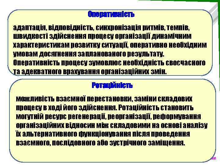Оперативність адаптація, відповідність, синхронізація ритмів, темпів, швидкості здійснення процесу організації динамічним характеристикам розвитку ситуації,
