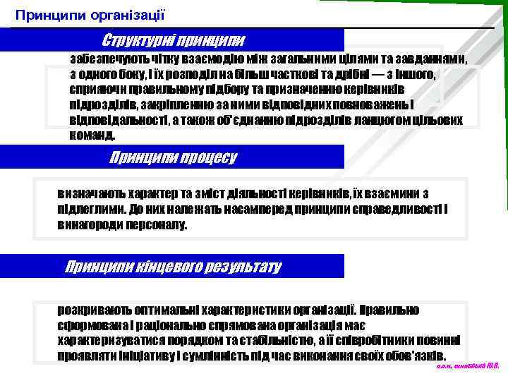 Принципи організації Структурні принципи забезпечують чітку взаємодію між загальними цілями та завданнями, з одного