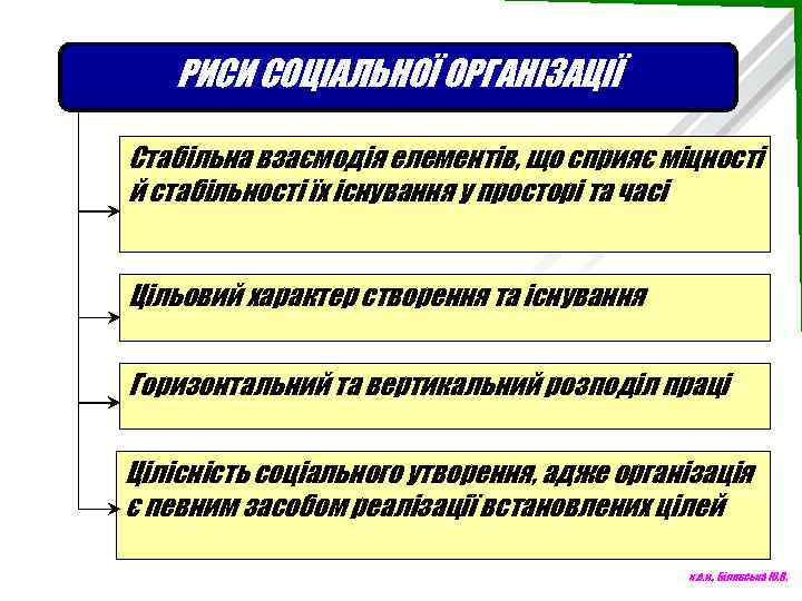 РИСИ СОЦІАЛЬНОЇ ОРГАНІЗАЦІЇ Стабільна взаємодія елементів, що сприяє міцності й стабільності їх існування у