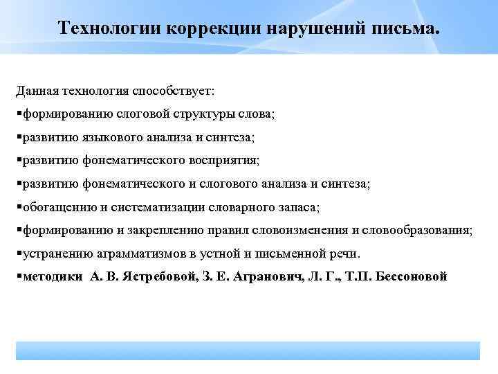Технологии коррекции нарушений письма. Данная технология способствует: формированию слоговой структуры слова; развитию языкового анализа