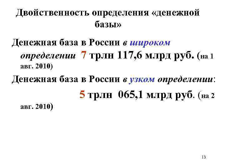 Двойственность определения «денежной базы» Денежная база в России в широком определении 7 трлн 117,