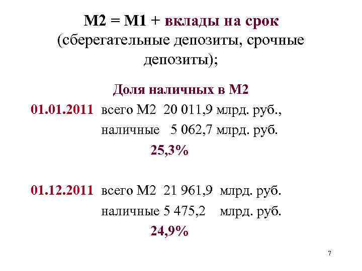М 2 = М 1 + вклады на срок (сберегательные депозиты, срочные депозиты); Доля