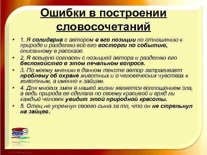 Ошибки в построении словосочетаний • 1. Я солидарна с автором в его позиции по