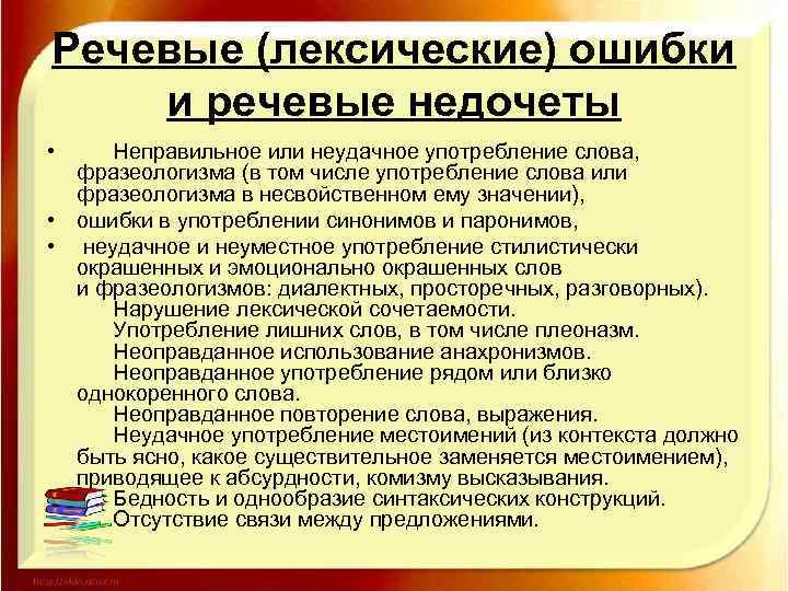 Речевые (лексические) ошибки и речевые недочеты • Неправильное или неудачное употребление слова, фразеологизма (в